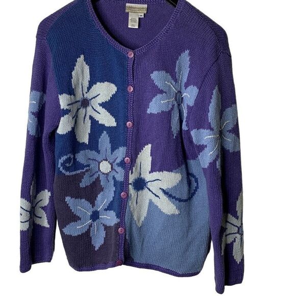 Vintage 90’s Y2K Cottagecore Coldwater Creek Cardigan Blue With Floral Pattern s - Picture 1 of 6